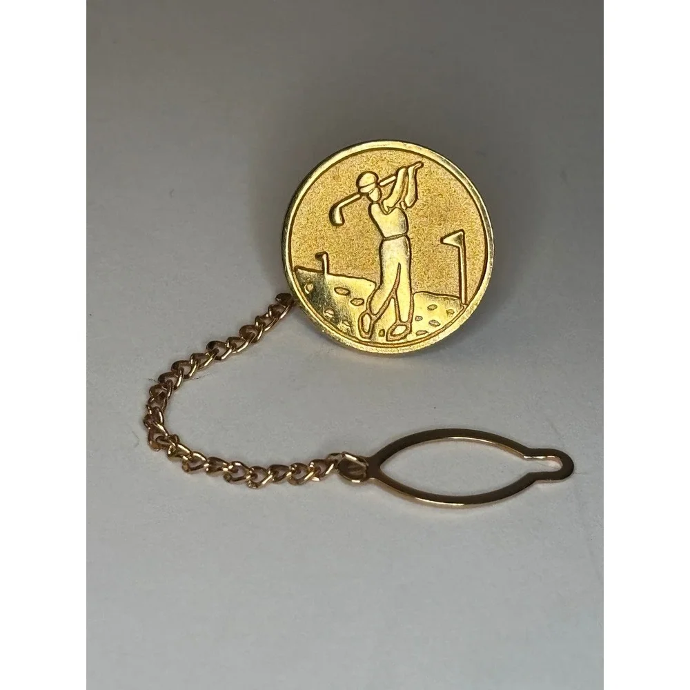 Vintage Gold Tone Golfer Tie Tack Pin with Chain Men's Golf Sports Jewelry